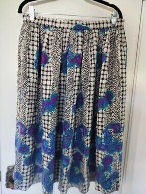 Vintage 80s/90s 100% Silk Abstract Paisley Houndstooth Midi Skirt - Size 12